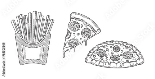 Hand drawn french fries pizza slice and calzone
