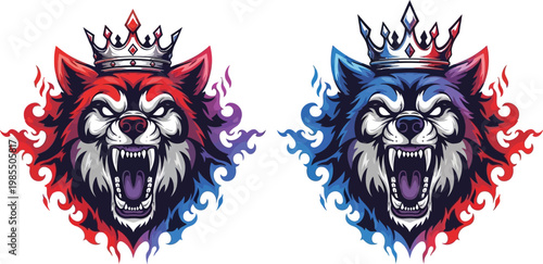 Two fierce crowned wolf heads with bared teeth, one in red and purple flames, the other in blue and red flames, in a dynamic mascot style illustration.