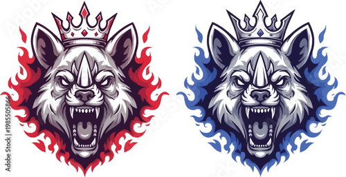 Two aggressive crowned raccoon or badger heads roaring, one surrounded by red flames and the other by blue flames, in a fierce mascot design.
