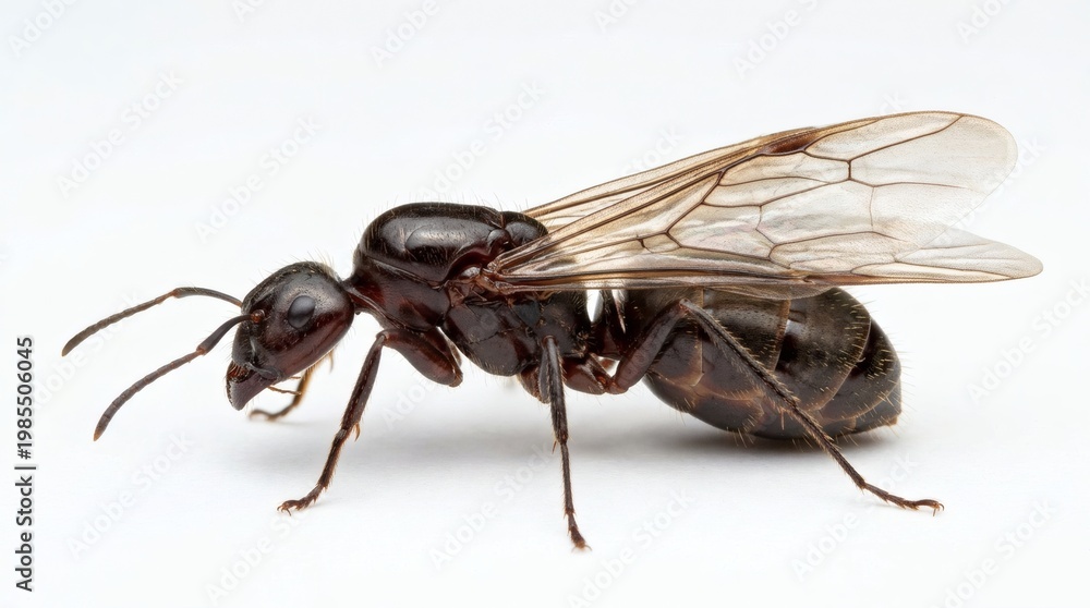 Fototapeta premium A large winged carpenter ant queen is isolated on a white surface.