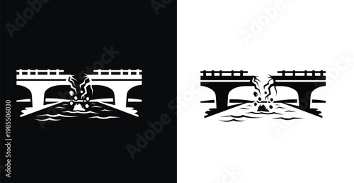 A black and white illustration of a bridge with a fire burning underneath it on a contrasting background