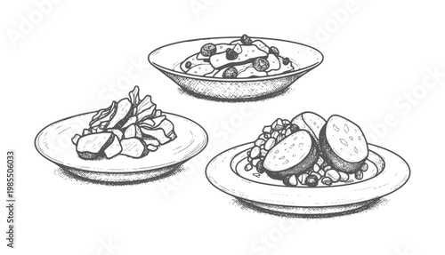 Three plates of food in a hand drawn style bowl pasta berries