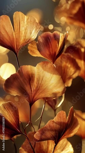 Delicate autumnal leaves bathed in a soft golden glow, highlighted by gentle bokeh lights creating a peaceful, radiant natural artwork