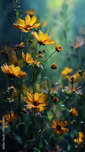 Golden-Petaled Wonders A Close-Up Glimpse of Vibrant Wildflowers Flourishing in Soft Sunlight, Creating a Serene and Dreamy Natural Tapestry