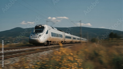 Silver high-speed train speeding through green mountain landscape. Modern rail transportation in rural countryside. Fast and efficient travel concept for commuters and tourism.