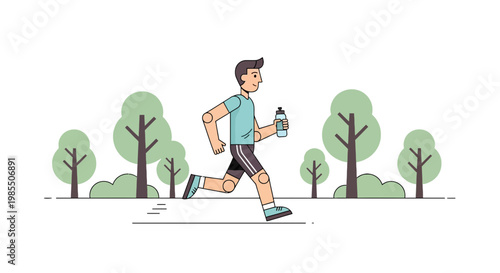 Cartoon man running in park with water bottle illustration; fitness jogger; light green trees; healthy lifestyle; vector animation
