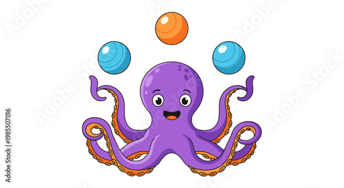 Cartoon purple octopus juggling colorful balls vector illustration design for kids cheerful sea animal with tentacles playing with spheres on white