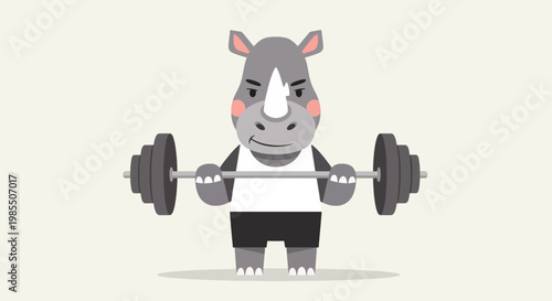 Cartoon rhino lifting heavy barbell weights with serious expression strength training fitness in athletic gym wear on a beige background