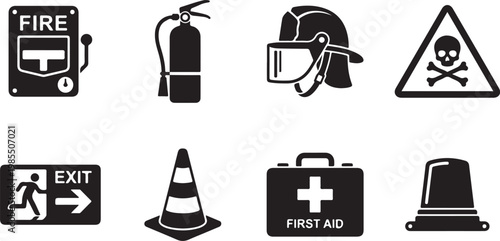 Safety icons, emergency symbols, warning signs, industrial safety, first aid kit