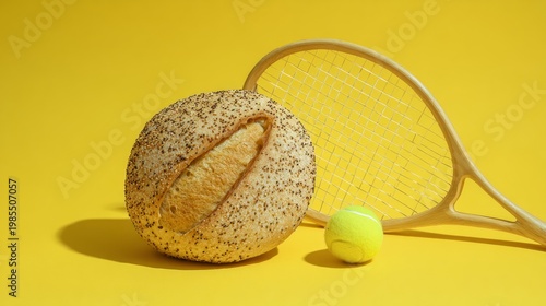 Wallpaper Mural Round bread with tennis racket, playful food and sport mix, yellow background, surreal composition  Torontodigital.ca