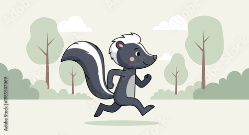 Cartoon skunk running through a forest landscape illustration in muted pastel colors with trees bushes and white clouds