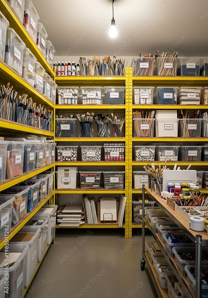 Fototapeta premium Organized art supplies on yellow shelves in a storage room.