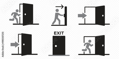 Set of green emergency exit signs with running man icons  arrows  and exit text  showing safe evacuation routes and directions. Ideal for fire safety plans  public buildings  offices  hospitals  malls
