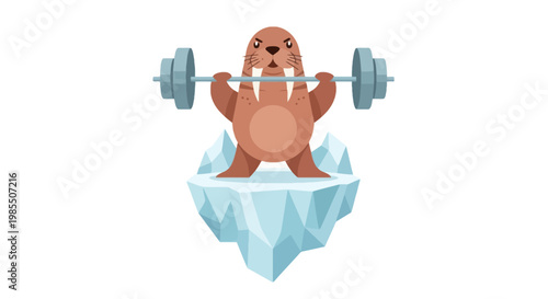 Cartoon walrus weightlifting on an iceberg vector illustration; strong marine mammal lifting barbell in graphic style