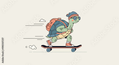 Cartoon turtle riding a skateboard with backpack and beanie hat in vector art illustration style; fun bright and upbeat
