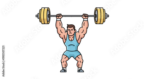 Cartoon weightlifter holding barbell overhead in gym; strong man lifting weights in light blue uniform; illustration for fitness or sports