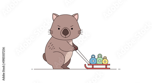Cartoon wombat pulling a red sled loaded with kettlebells; cute marsupial character in a line art style on a white background