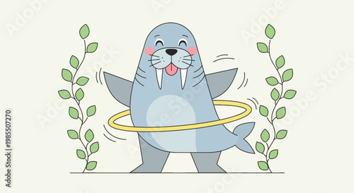 Cheerful cartoon walrus twirling hula hoop between leafy green plants in cute vector illustration on light background; playful animal design