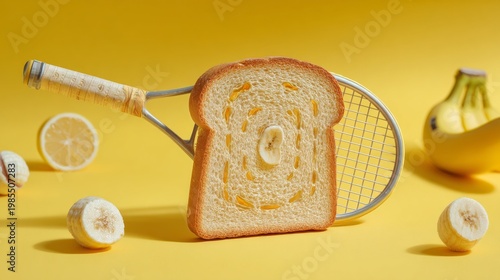 Wallpaper Mural Round bread with tennis racket, playful food and sport mix, yellow background, surreal composition  Torontodigital.ca