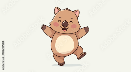 Cheerful cartoon wombat dancing with joy happy marsupial character in cute illustration style on white background fun animal mascot