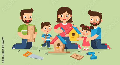 Cheerful family crafting wooden birdhouses together a colorful vector illustration showing teamwork and home project fun on light green background