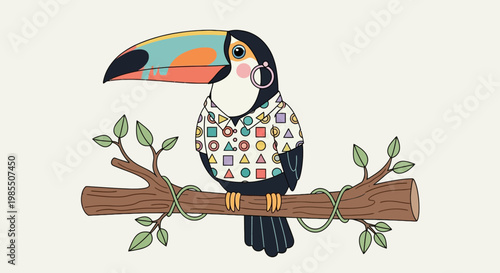 Colorful toucan perched on a branch wearing a patterned shirt in an illustration style with tropical bird and foliage design