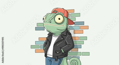 Cool green cartoon chameleon wearing a red baseball cap and black leather jacket standing against a brick wall illustration