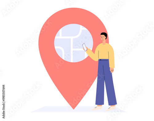 GPS navigation concept with person and location pin. Digital map, geolocation and route tracking. Flat vector illustration.