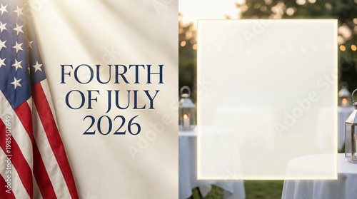 Fourth of July 2026 banner with American flag and elegant outdoor celebration setting, patriotic background with copy space for holiday promotion. Independence day 2026