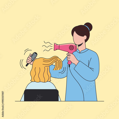 Woman getting hair styled with blow dryer.