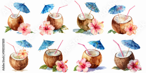 Watercolor tropical pattern of coconut cocktails with pink straws and blue umbrellas, hibiscus flowers and green leaves on white background, bright, summery and refreshing