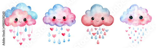 Adorable watercolor clouds with smiling kawaii faces raining hearts and teardrops, creating a sweet and whimsical nursery illustration for baby shower invitations