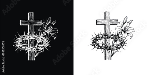 A symbolic illustration of a Christian cross with a crown of thorns and flowers on a black and white background