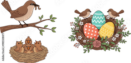 Bird Nest and Easter Eggs Illustration with Cute Sparrows, Chicks, and Decorative Egg Basket for Spring, Nature, and Holiday Design