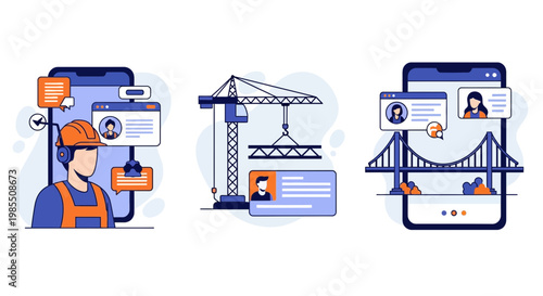 Professional civil engineering construction project management featuring bridge building crane operations and digital smartphone mobile app technology tools