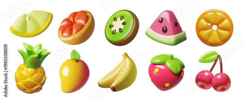Fruits and berries 3D icons collection. Whole pineapple, mango, banana, strawberry and cherry, slices of lemon, kiwi, watermelon, grapefruit and orange cute vector summer stickers.