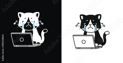 Two sad cartoon cats sitting with laptops on either side of a color divided background