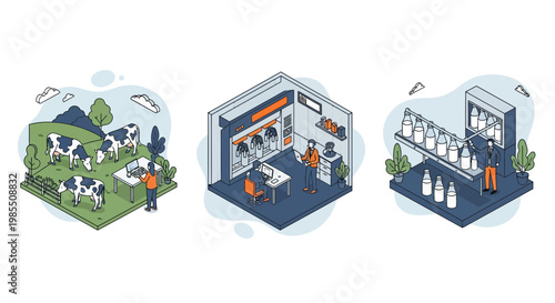 Smart dairy production cycle from cow farm grazing to automated milk factory bottling and professional management