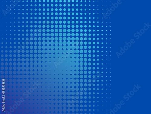 A vibrant digital background features a gradient of blue dots varying in size, creating a dynamic halftone effect. The dots are densely clustered on the right, transitioning smoothly to smaller dots 