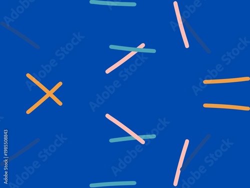 Abstract design featuring a navy blue background with scattered colorful diagonal lines. Lines are in pastel colors: pink, teal, and orange. The arrangement includes intersections forming X shapes