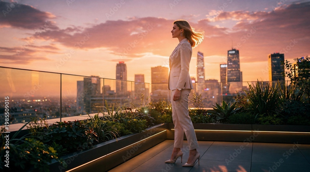 Obraz premium Successful Businesswoman Standing on Modern Rooftop at Sunset