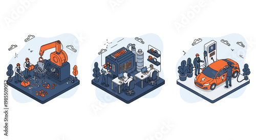 Electric vehicle battery lifecycle stages including mining factory assembly and final car charging station usage today