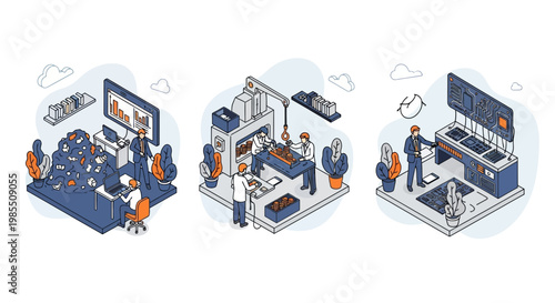 E waste recycling job with men at work to sort old pc and tech now