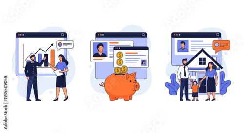 A set of icons for money bank home life plan work grow and save cash