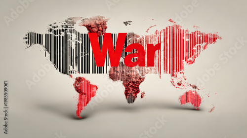 A world map in red and black with a bold text War in the center. A red barcode adds a commercial element to the design set against a gray backdrop