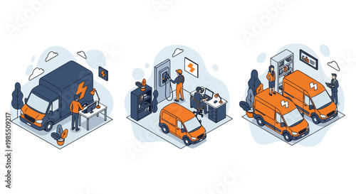 Sustainable electric delivery van fleet logistics with green energy power technology for smart transport management