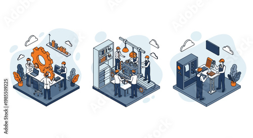 Industrial factory workers team manufacturing process production engineering assembly line machinery technology equipment isometric vector illustration set