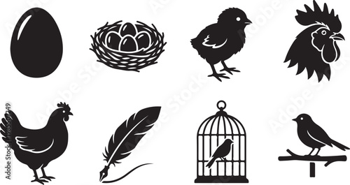 Black chicken, bird, and egg icons set, vector illustrations