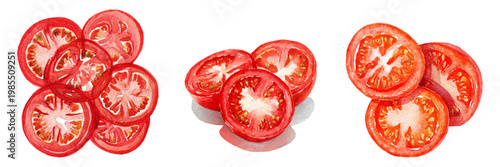 Three distinct watercolor illustrations of red tomato slices and halves, showcasing their freshness and natural texture, ideal for healthy eating, cooking, and ingredient themes