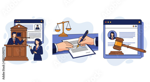 Online legal services for business law firm with judge signing contract and court representation for advice